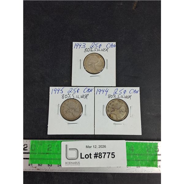 Vintage 1943 - 1945 Canadian 80% Silver 25 Cents Coins - Collectible