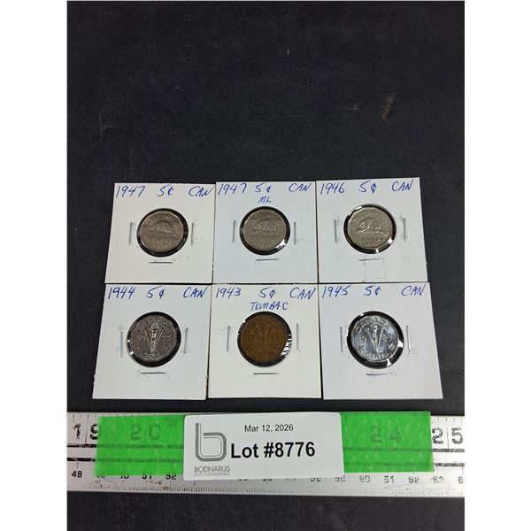 Vintage 1943 - 1947 Canadian 5 Cents Coins - Collectible