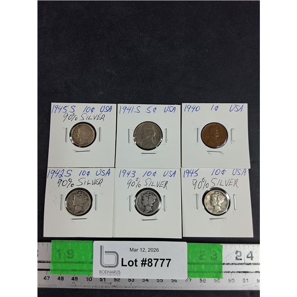 Vintage 1940 - 1945 US 10 Cents Coins 90% Silver & 1 & 5 Cents Coins  - Collectible