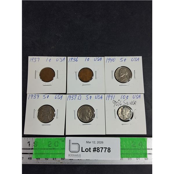 Vintage 1941 US 10 Cents 90% Silver Coin, 1936 - 1940 US 5 & 1 Cents Coins
