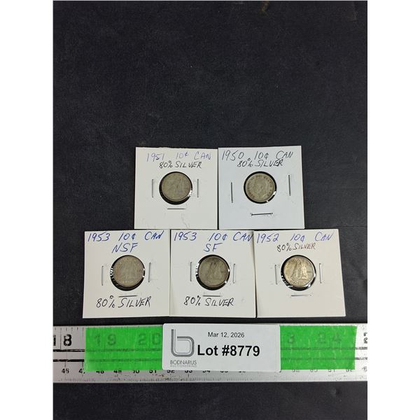 Vintage 1950 - 1953 Canadian 10 Cent Coins - 80% Silver, Collectible