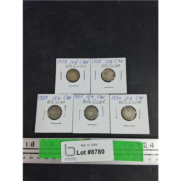 Vintage 1928 - 1939 Canadian 10 Cents 80% Silver Coins - Collectible