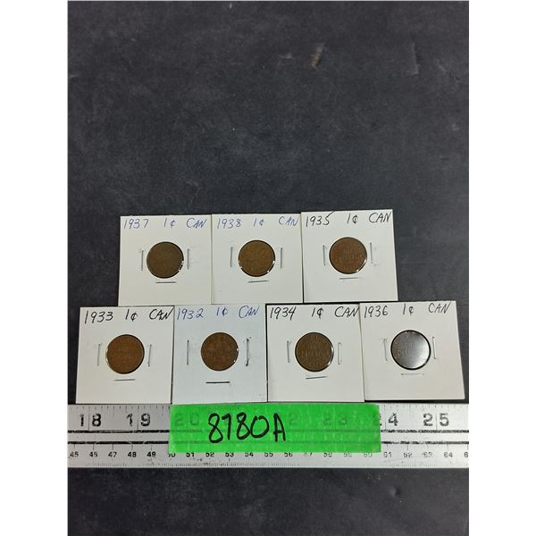 Vintage 1932 - 1938 Canadian 1 Cent Coins - Collectible