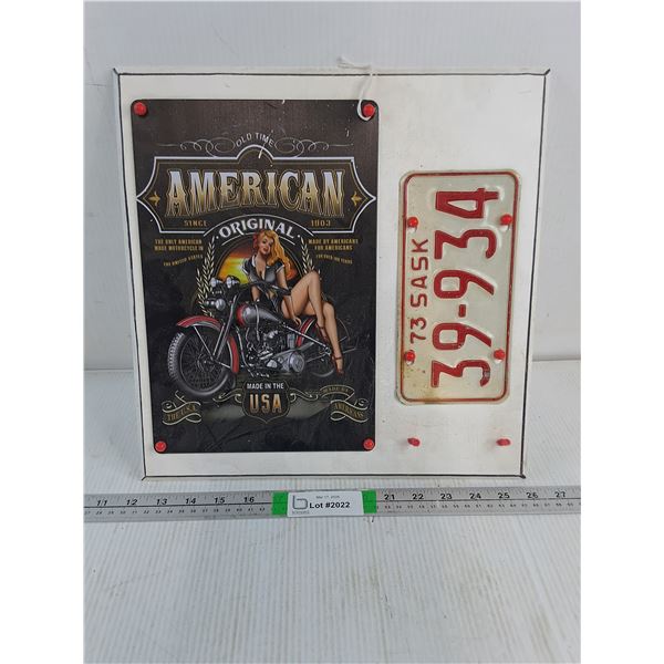 Vintage 1973 Saskatchewan Motorcycle Plate,Decorative American original Plate Mounted on Wooden Boar