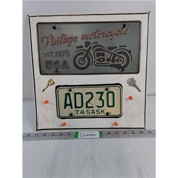 1974 Sasaktchewan Motorcycle Plate and Vintage Decor Plate Mounted on Wooden Board-14"x14"