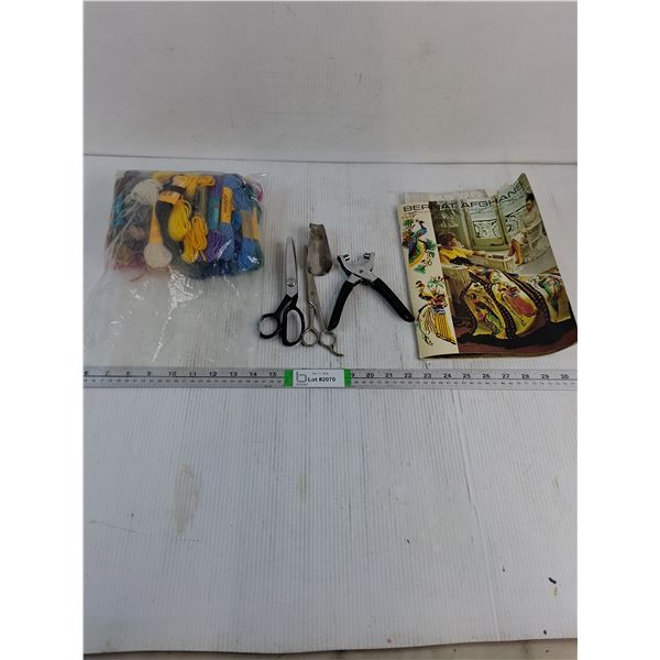 Bag of  Tapestry Wool,Scissors,Punch Pliers,Shoehorn,Afghan Magazine