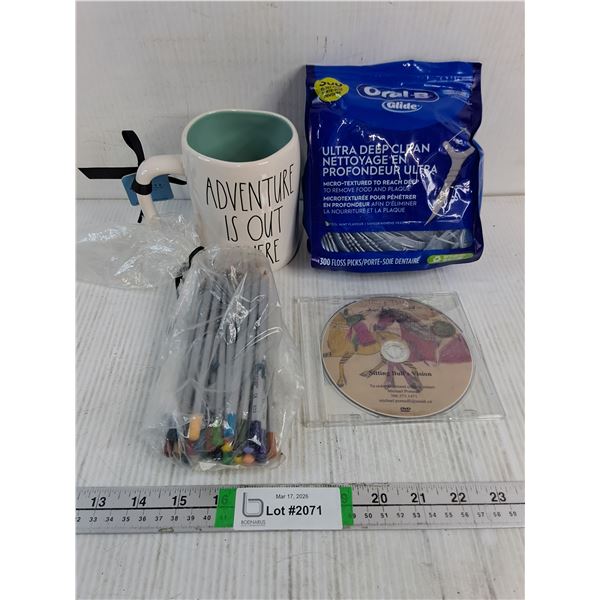 Pkg. of Oral-B Floss Picks (300),Coffee Mug,Bag of Pencils,DVD-Sitting Bull's Vision