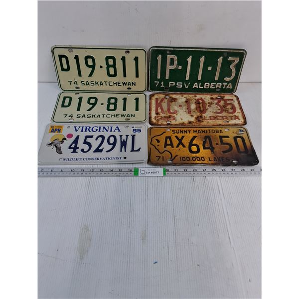 Pair of 1974 Saskatchewan License Plates,(2) Alberta,Manitoba and Virginia License Plates