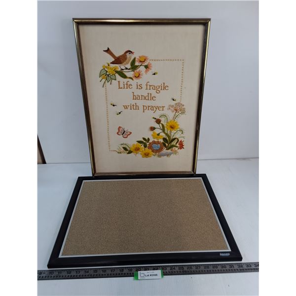 Wood Framed 19" x 15" Fabric "Prayer" Decor & 23" x 17" Cork Bulletin Board - Pickup Preferred
