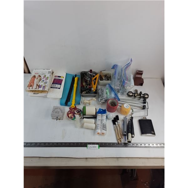 Mixed Lot (Paint Supplies, Sewing Patterns, Door Knobs, Hand Tools, Misc.)