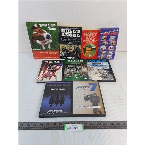 (5) DVDs (Roughriders, Grey Cup Parade, Imax), (3) Books (Dogs, Hells Angels, Happy Days), VHS Tape