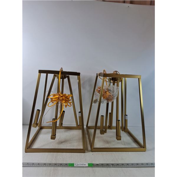 *(2) Brass Coloured Hanging Light Fixtures 13"x13"x18" ( no bulbs, as is) - PICK UP ONLY