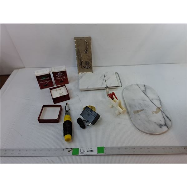 Crystal Pendant & Earrings- Cannot Authenticate, Marble Cheese Slicer & Cutting Board, Woodpecker To