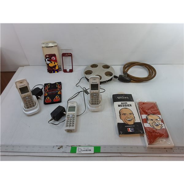 (3) Panasonic Home Phones- Power On, Mark Messier Socks, Mario Kart Phone Case 4.75" x 2.5", Misc.