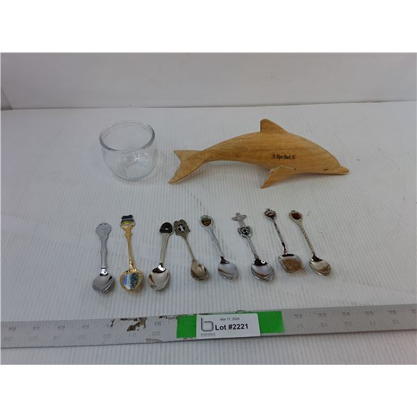 Souvenir Spoons, Wooden Dolphin Figurine 11", Glass Tumbler