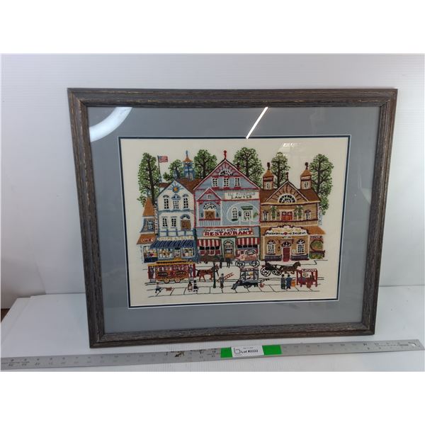 Framed Needlepoint Town Art 24.5" x 20.75", Cannot Ship