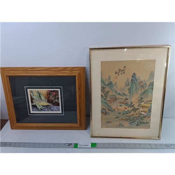 (2) Framed Paintings- Harvest & Asian Village Up to 18.25" x 14", Cannot Ship