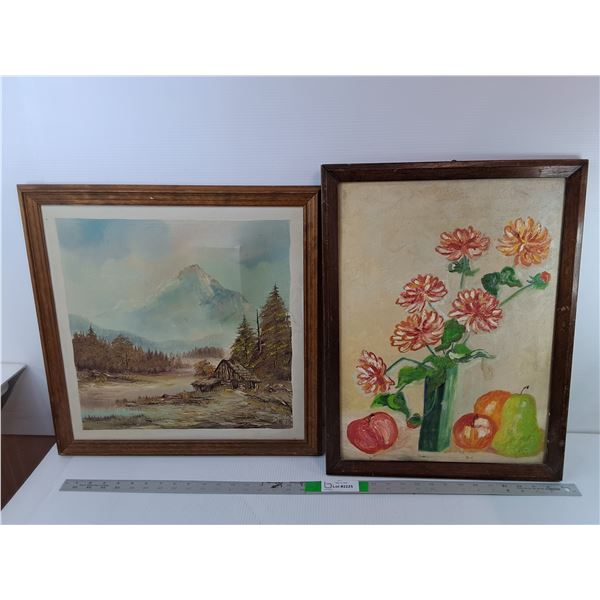 (2) Framed Paintings- Mountains & Flowers Up to 21.75" Tall & 20" Wide- Cannot Ship