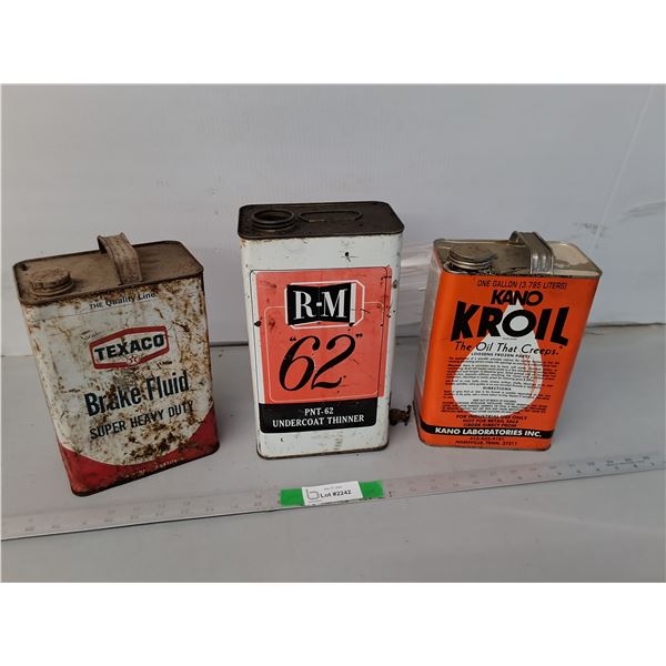 Vintage Tins- Texaco Brake Fluid, R-M Undercoat Thinner, Kano Kroil Oil- All Empty