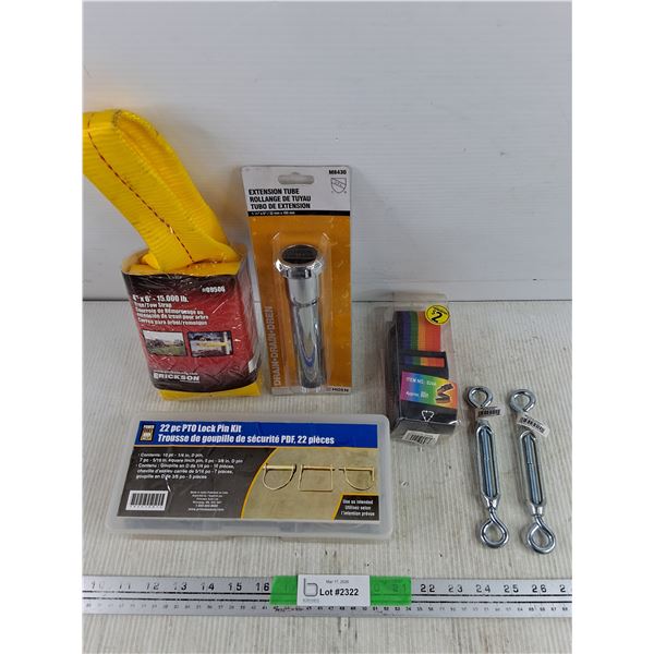 15000 lbs Tree/Tow Strap, Power Fist PTO Lock Pin Kit, Moen Extension Tube, Eye & Eye Turnbuckles