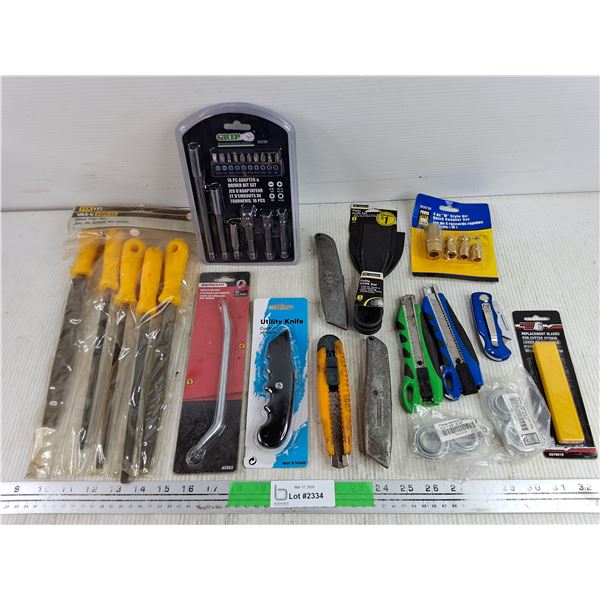 Steel File Set, 16 pc Adapter & Driver Bit Set, Utility Knives, Putty Knives, Brake Spoon, Misc