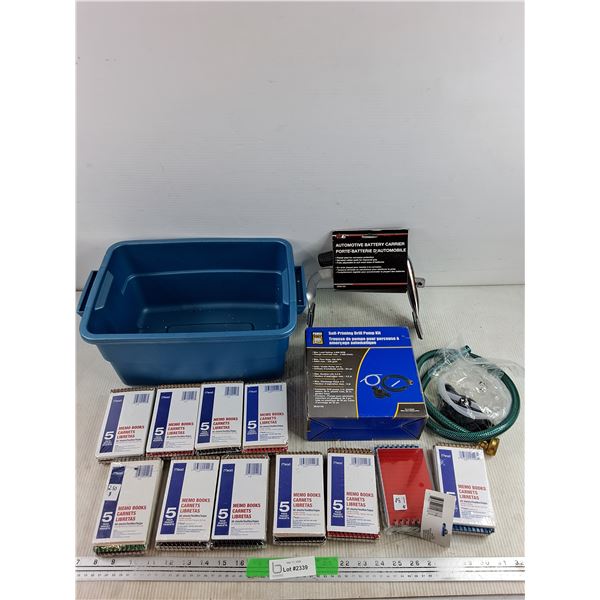 Memo Books, Car Battery Carrier, Power Fist Self Priming Drill Pump Kit, Plastic Tote 14" x 10" x 7"