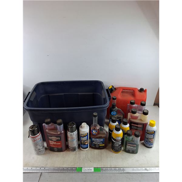 Fuel Injector Cleaner, 9.4L Jerry Can, Starting Fluid, Plastic Tote 21" x 15" x 12", Misc