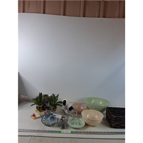 Artificial Plants, Mixing Bowls, Security Camera, Garlic Mincer, Pot, Some Cracks -AS IS-- PICK UP