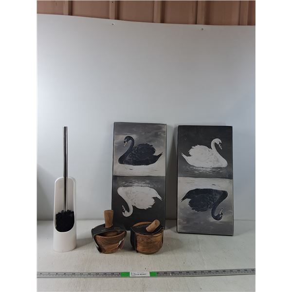 Toilet Brush, (2) Mortar & Pestle,(2) Swan Pictures - PICK UP