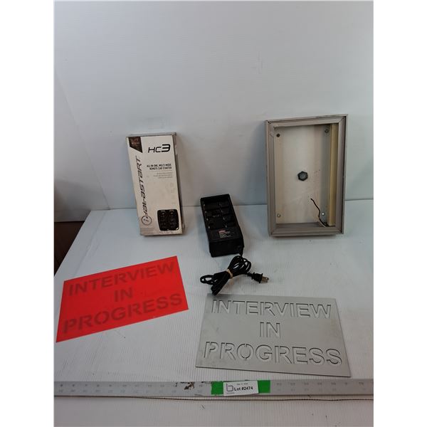 HC3 Remote Car Starter- Sealed, Eveready Battery Charger-As Is, 'Interview in Progress' Sign, Misc.