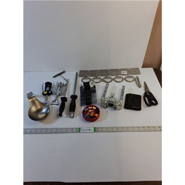 Assorted- Kitchenware  - Knife Sharpeners, Sewing Kit, Bottle Capper, Cork Screws, Misc.