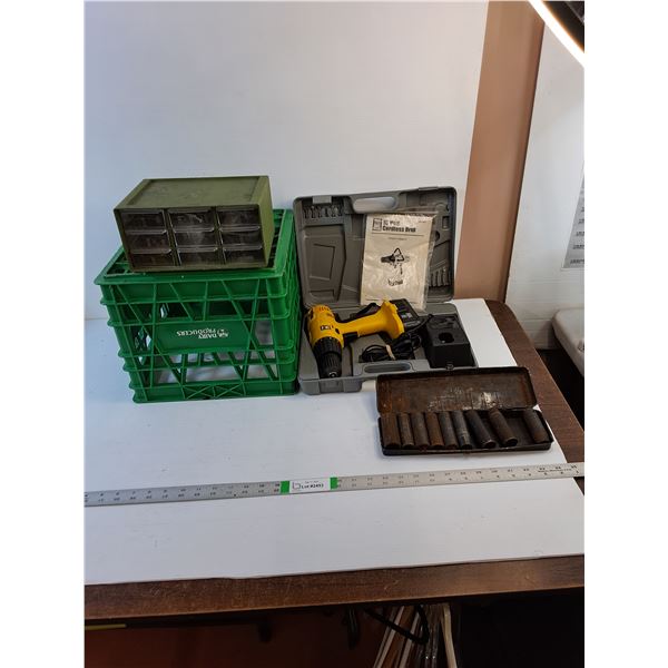 Assorted Automotive  - Impact Sockets (Missing) Drill (Powers On-As Is) 9- Drawer Storage -PICK UP