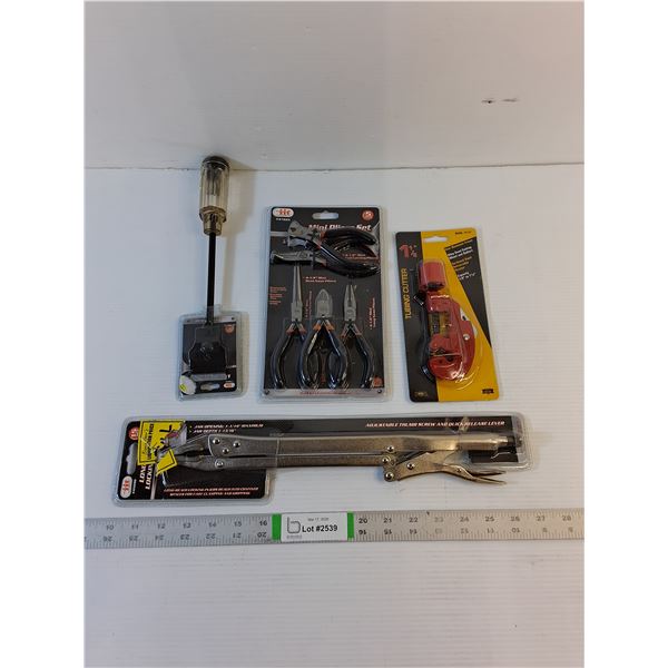 Assorted Tools  - Vice Grips (14"),  Pliers,  Tubing Cutter, Scraper