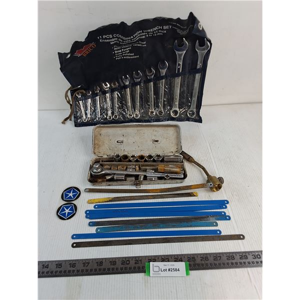 Brico 11-Piece Wrench Set, Ratchet Set - As is, Saw Blades, Chrysler Decals, Torch Nozzle