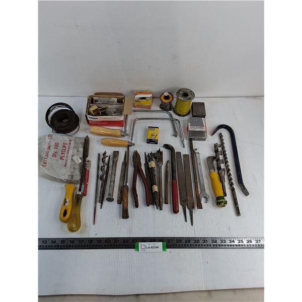 Assorted Hand Tools, Drill Bits, Saw Handles, Wire, Clips, Nails, Deadbolt - All As is