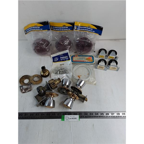 Assorted NOS (Abrasive Ball, 1/2" Pal Nuts, Castors, Bicycle Cable), Interior Door Knob Sets, Misc.
