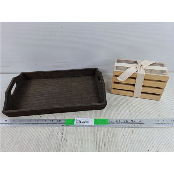 Wooden Serving Tray 14" x 9" (2) Scented Candles w/ Wooden Crate