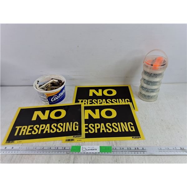 No Trespassing Signs 12" x 8", Hardware Organizer & Assorted Hardware