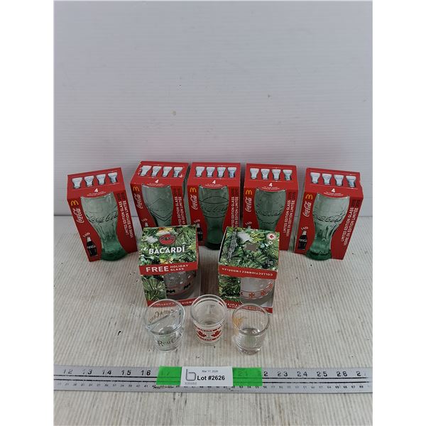 (5)  Coca Cola Glasses, (2) Bacardi Glasses, (3) Shot Glasses