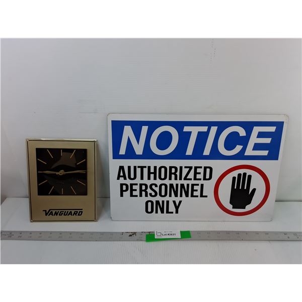 Vanguard Wall Clock- No Battery & Authorized Personnel Plastic Sign 17.75" x 11.75"