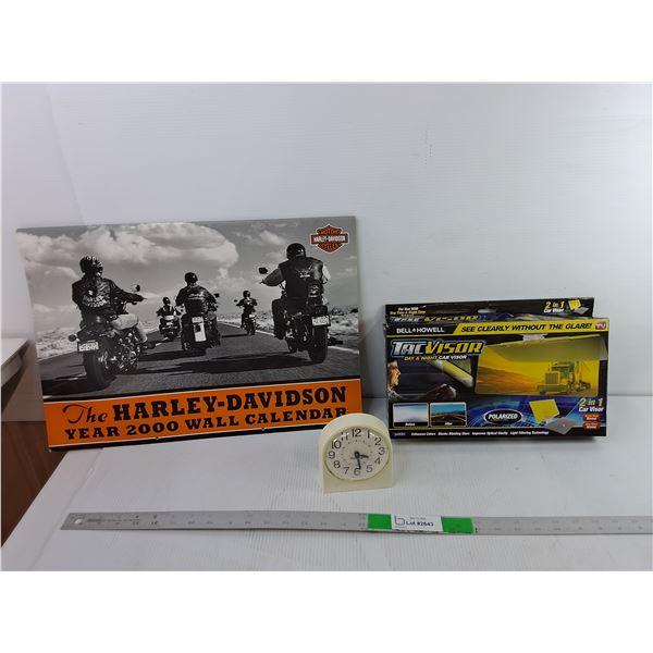 Harley Davidson Year 2000 Wall Clock, Car Visor & Westclox Alarm Clock