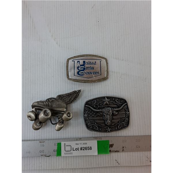(3) Belt Buckles- Steer, Rollerskate, United Grain Growers