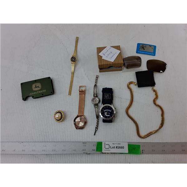 John Deere RFID Wallet, Vancouver Canucks & Ellen Tracy Watches- As Is, Misc.