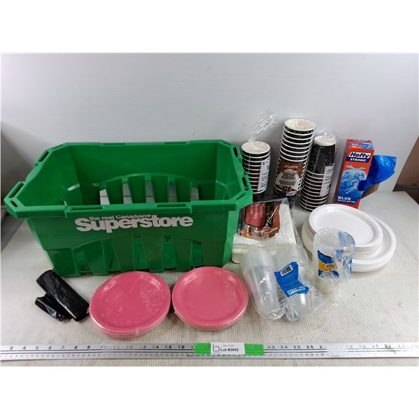 Shopping Basket, Single Use Dining Plates, Paper & Plastic Cups, Tissues, Garbage Bags