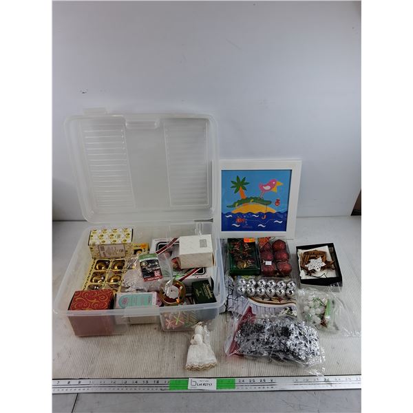 Assorted Christmas Ornaments, Framed Wall Art Print 11" x 12", Plastic Container 17" x 14" x 6"