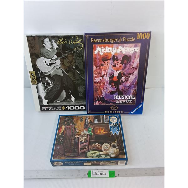 (3) Puzzles- Elvis Presley, Mickey Mouse & Kittens- As Is