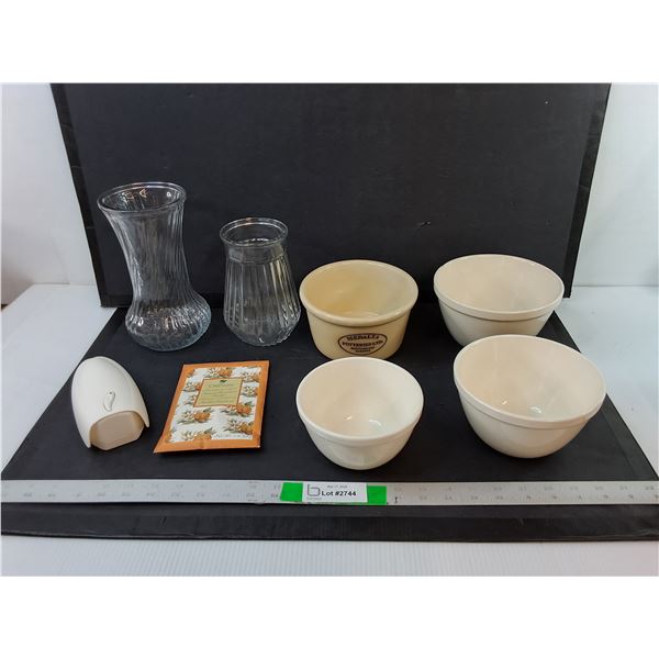 Earthenware & Ceramic Bowls, (2) Glass Vases Up to 8.5"