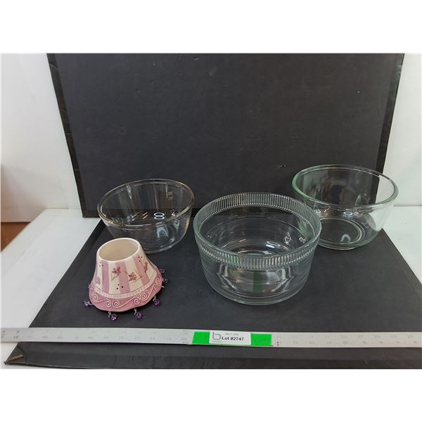 Ceramic Candle Shade & (3) Glass Mixing Bowls