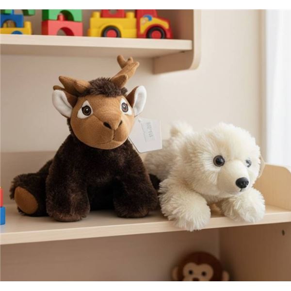 2 Plush Toys: Deer and White Bear, Approximately 6 Inches
