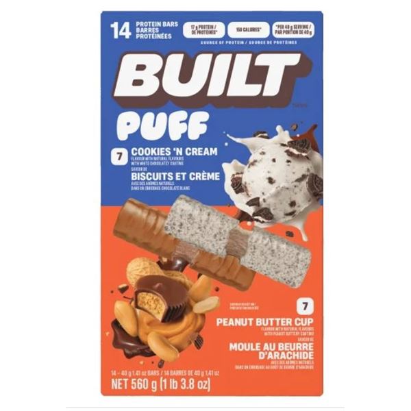 Built Puff Protein Bars, 14 Bars, Cookies ‘N Cream and Peanut Butter Cup Flavors